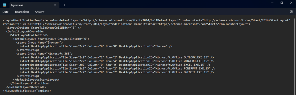 XML layout file opened in text editor